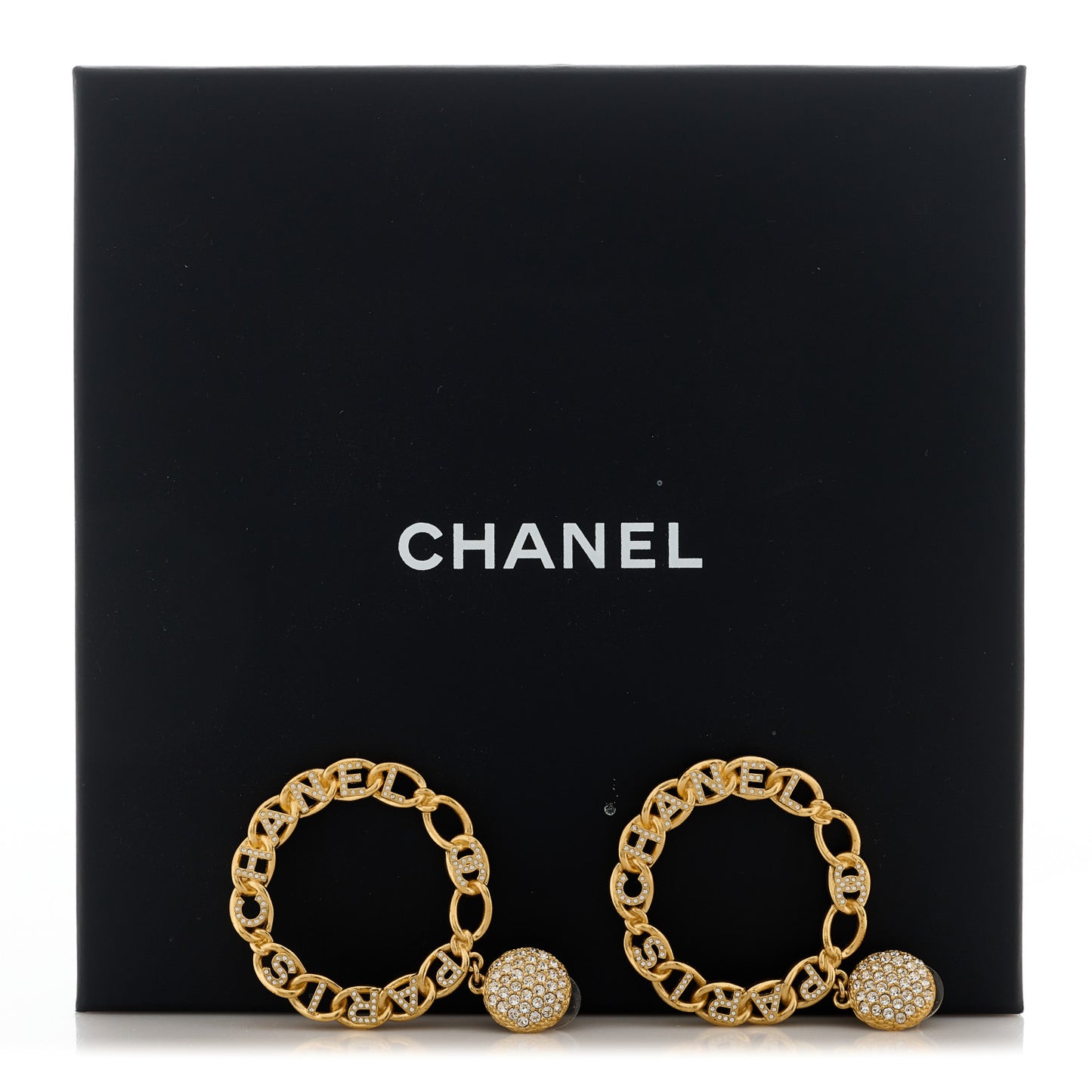 Metal Crystal CC Paris Chain Link Hoop Earrings Gold