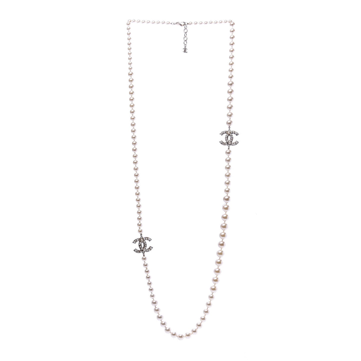 Graduated Pearl CC Long Necklace Light Gold
