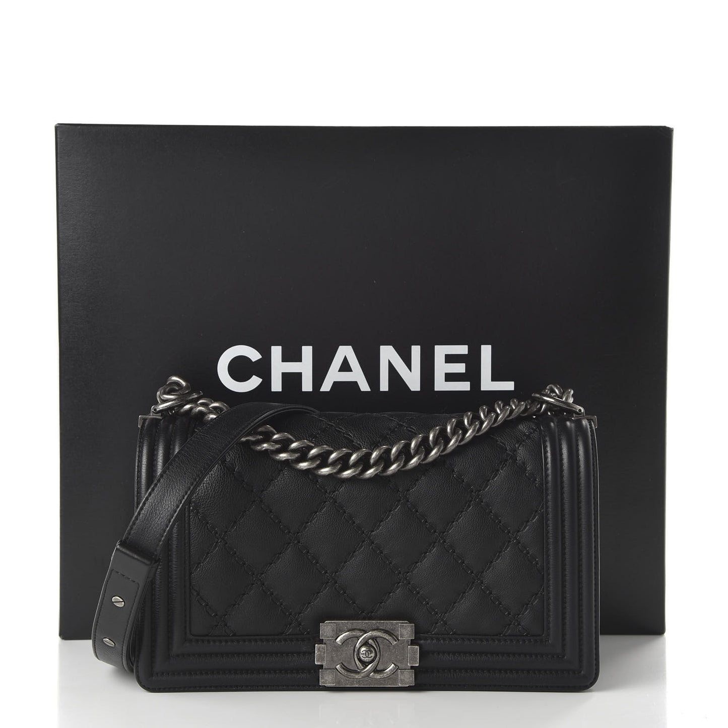 Calfskin Double Stitch Medium Boy Flap Black