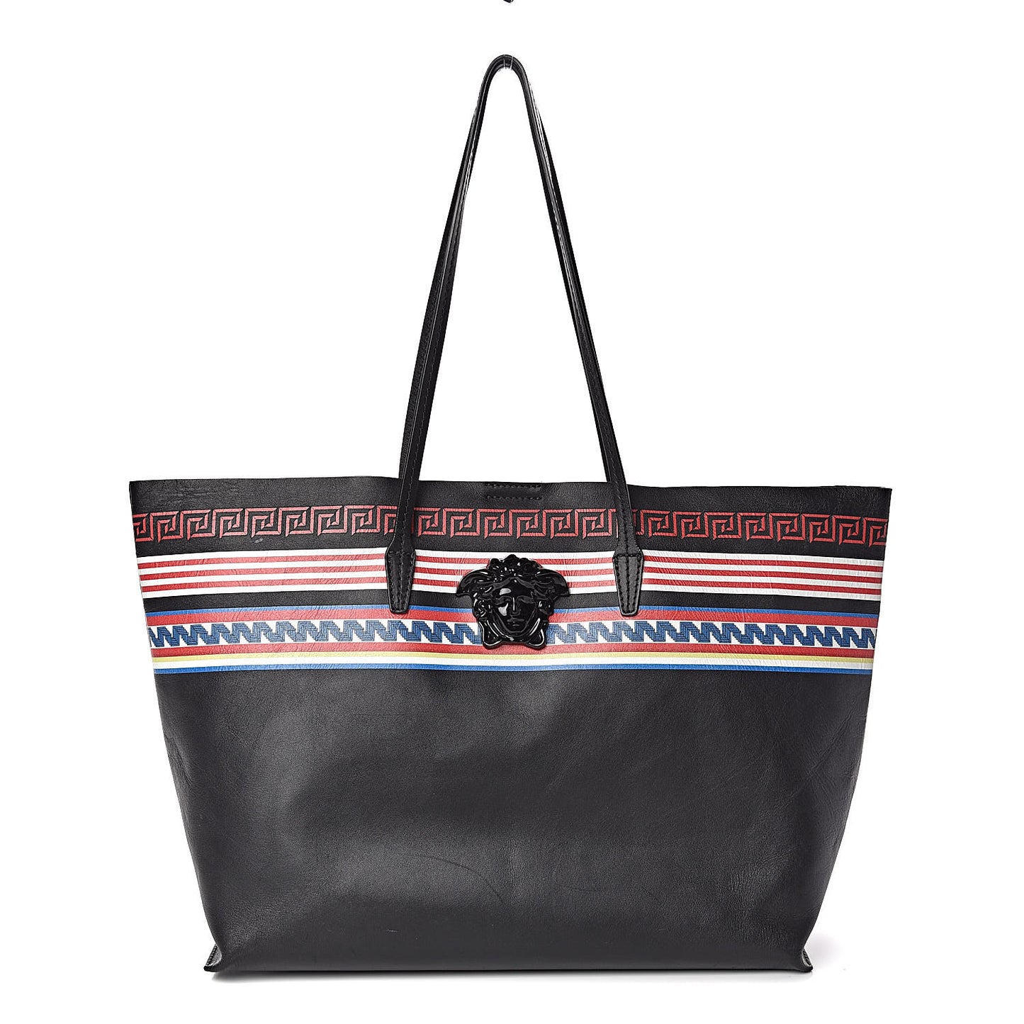 Calfskin Stripe Greek City Key Tote Black