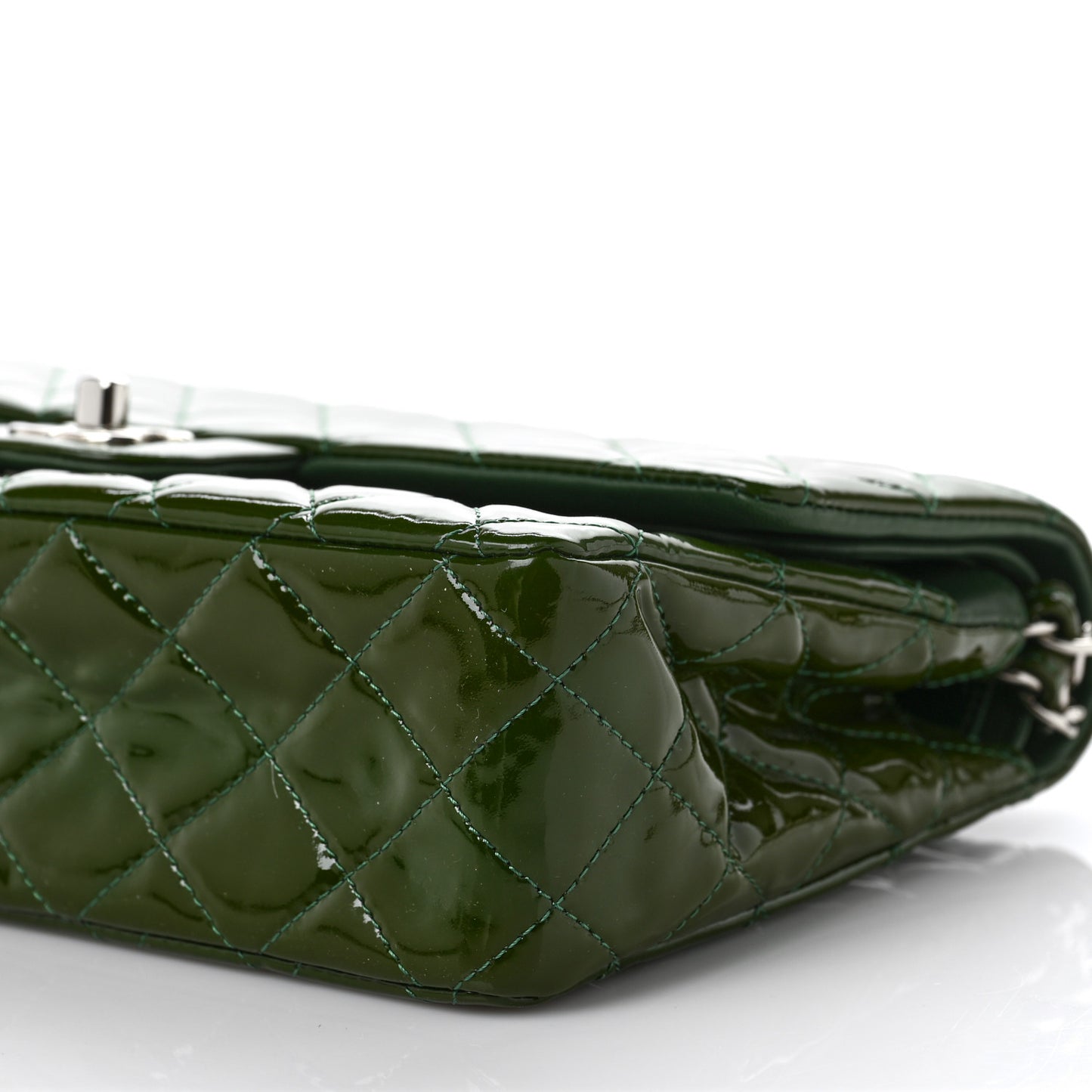 Patent Calfskin Quilted Medium Double Flap Green