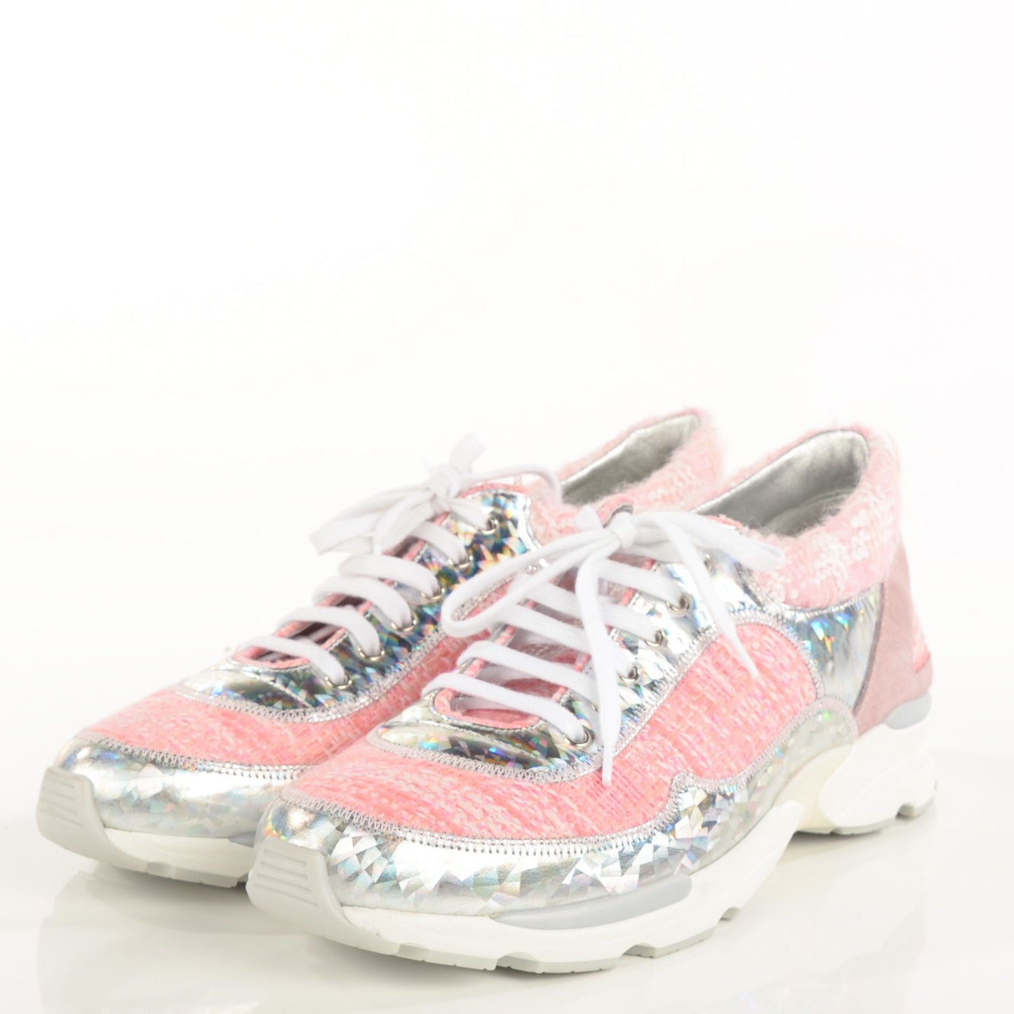 Tweed Suede Calfskin Sneakers 40 Silver Pink