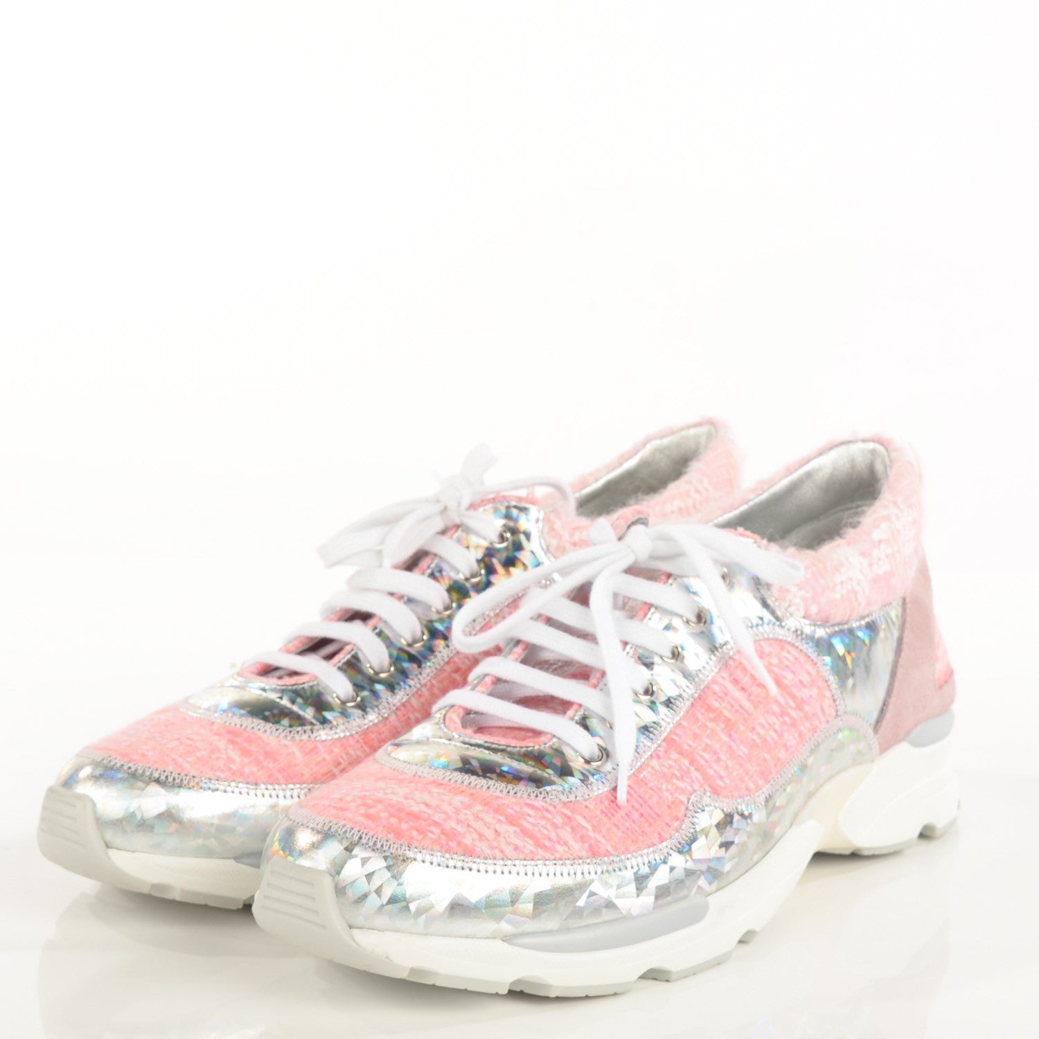 Chanel Tweed Suede Calfskin Sneakers 40 Silver Pink 3 of 8