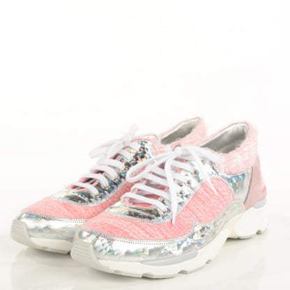 Chanel Tweed Suede Calfskin Sneakers 40 Silver Pink 3 of 8