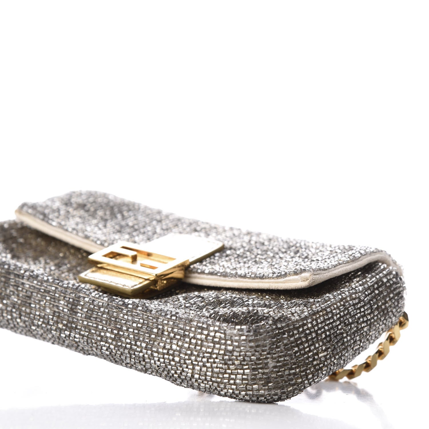 Fendi Laminated Goatskin Beaded Micro Baguette Oro Chiaro Platino 8 of 9