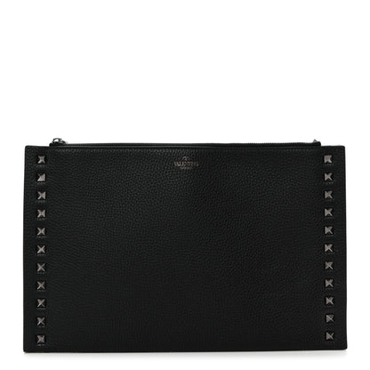 Valentino Garavani Pebbled Calfskin Large Rockstud Flat Zip Pouch Black 1 of 7
