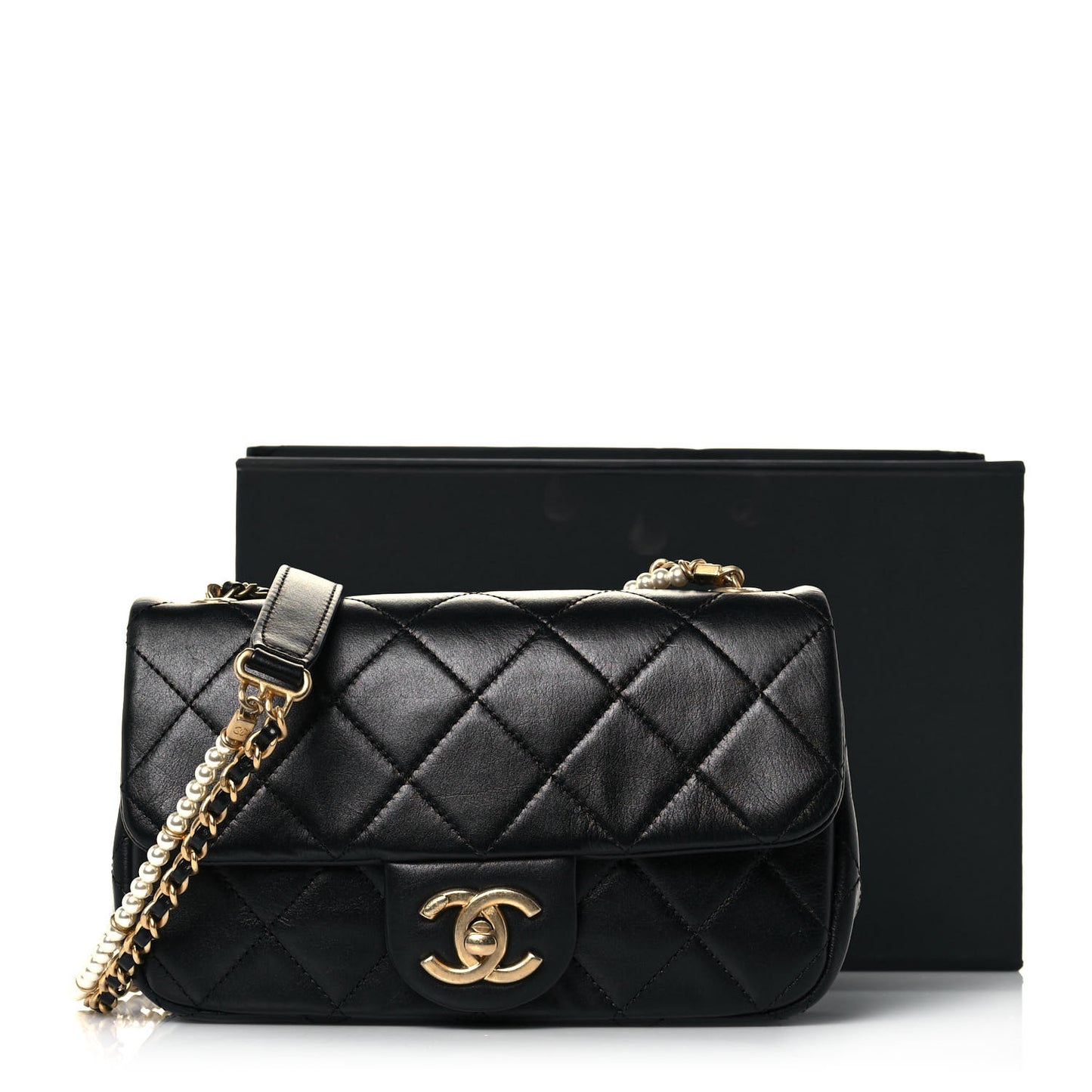 Calfskin Quilted Mini Rectangular Crystal Pearls Chain Flap Black