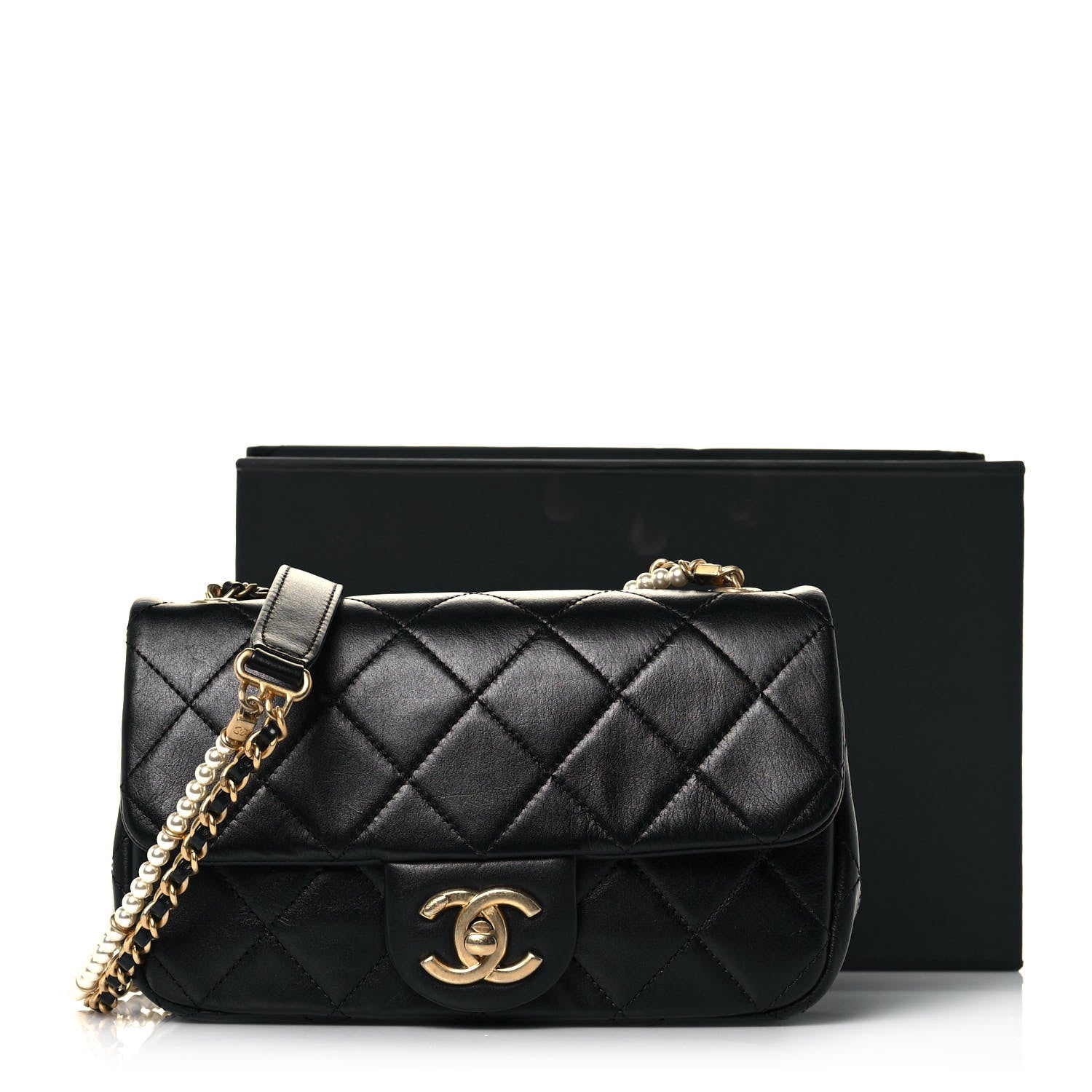 Chanel Calfskin Quilted Mini Rectangular Crystal Pearls Chain Flap Black 13 of 13