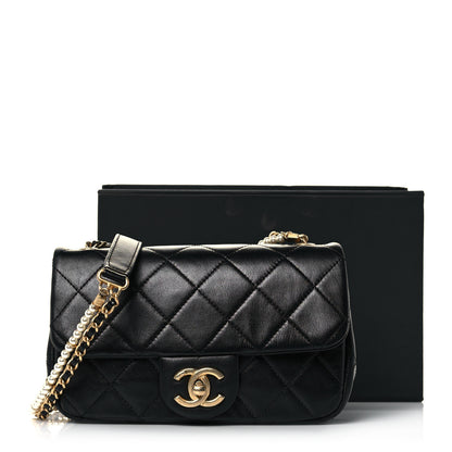 Chanel Calfskin Quilted Mini Rectangular Crystal Pearls Chain Flap Black 13 of 13