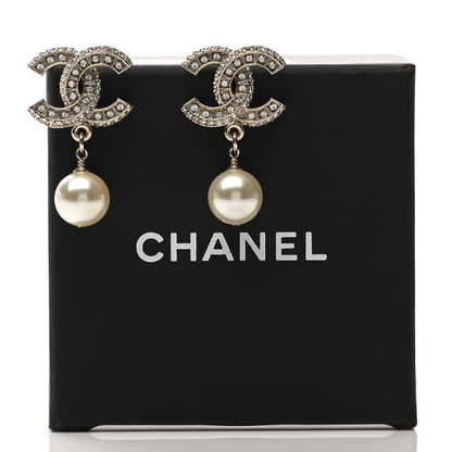 Chanel Crystal Timeless CC Pearl Drop Earrings Light Gold 5 of 5