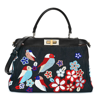 Fendi Denim Vitello Dolce QuTweet Beaded Medium Peekaboo Iconic Satchel Dark Blue Multicolor Black 1 of 9