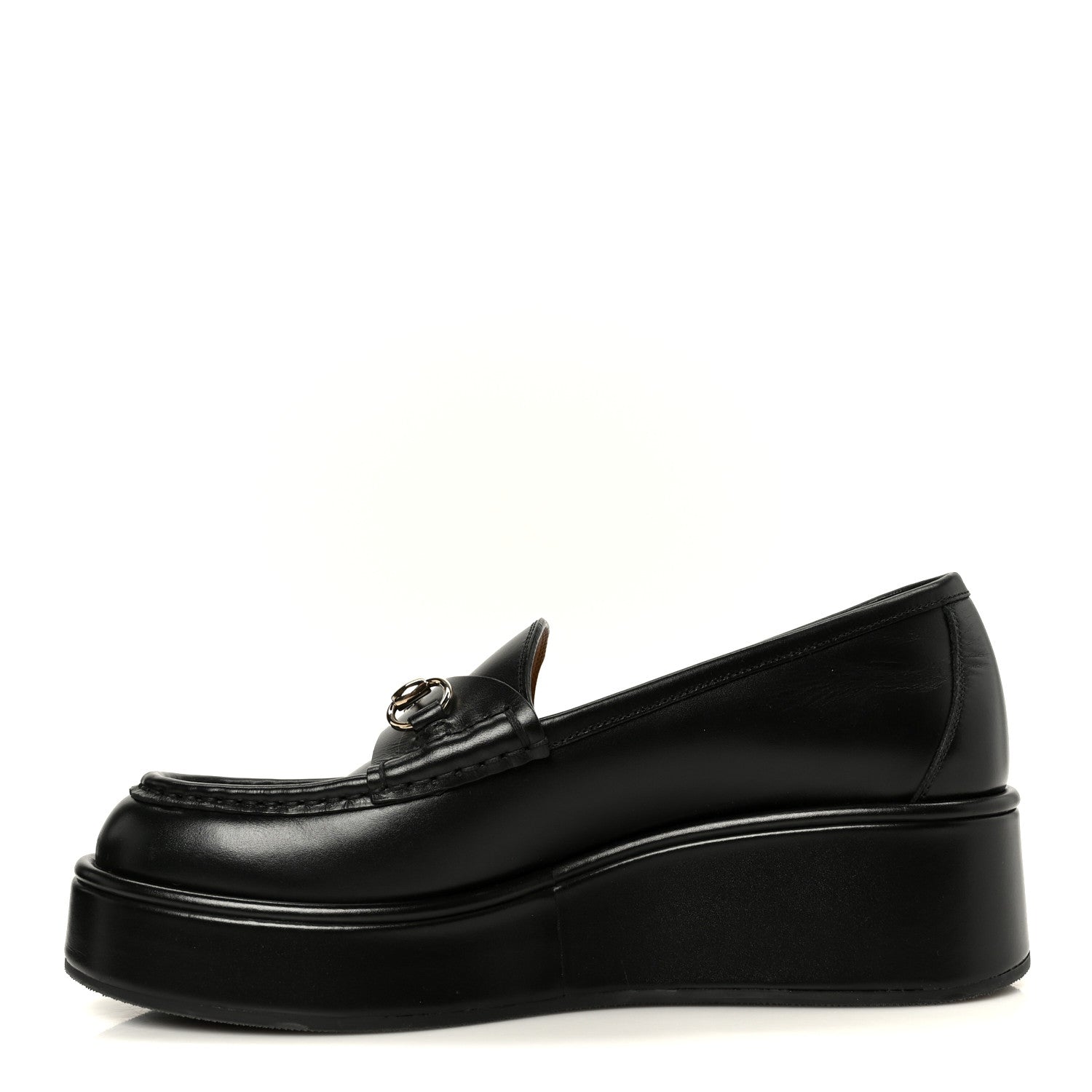 Gucci Kama Calfskin Horsebit Womens Wedge Platform Loafers 37.5 Black 1 of 11