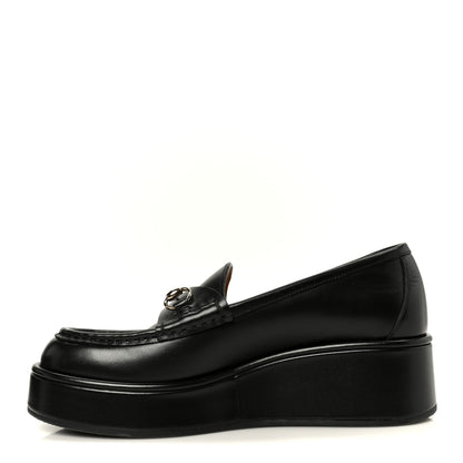 Gucci Kama Calfskin Horsebit Womens Wedge Platform Loafers 37.5 Black 1 of 11