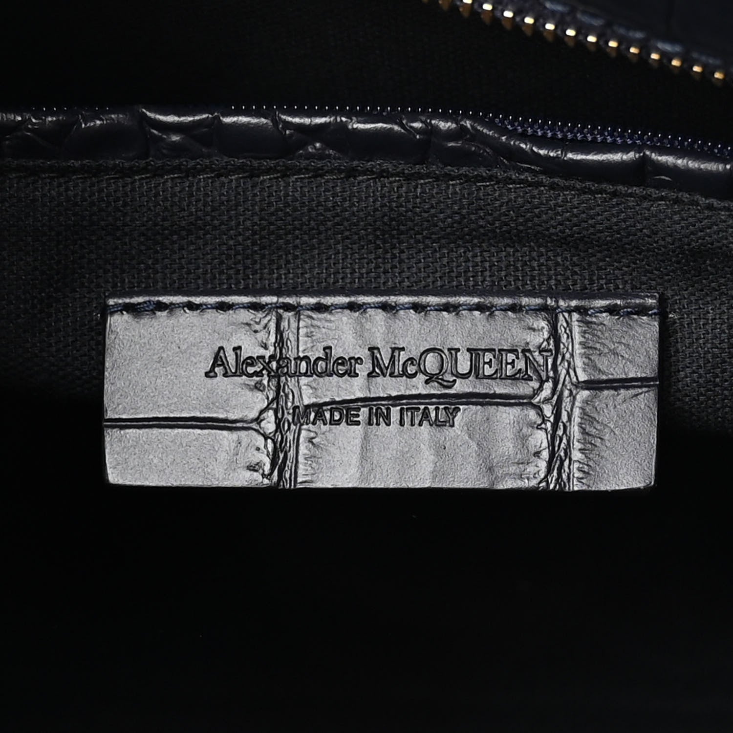 Alexander McQueen Calfskin Crocodile Embossed Small Skull Padlock Zip Around Tote Navy Blue 6 of 11
