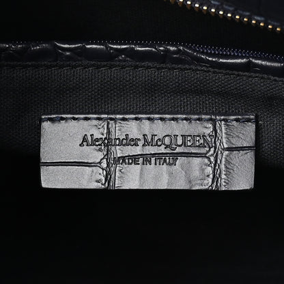 Alexander McQueen Calfskin Crocodile Embossed Small Skull Padlock Zip Around Tote Navy Blue 6 of 11