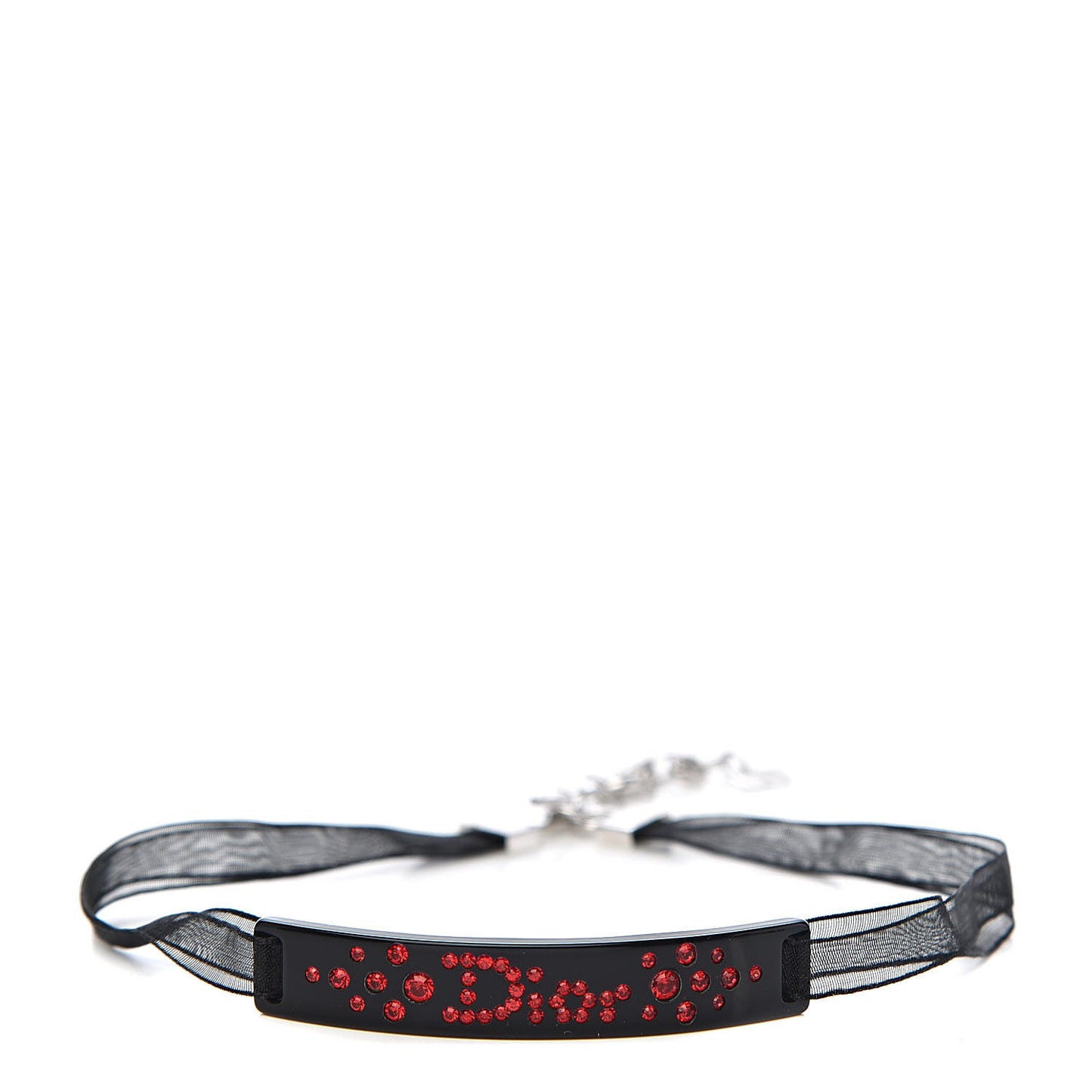 Mesh Ribbon Crystal Dior Logo Choker Necklace Black Red