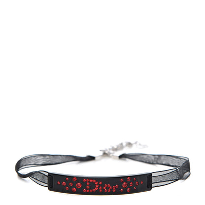 Christian Dior Mesh Ribbon Crystal Dior Logo Choker Necklace Black Red 1 of 4