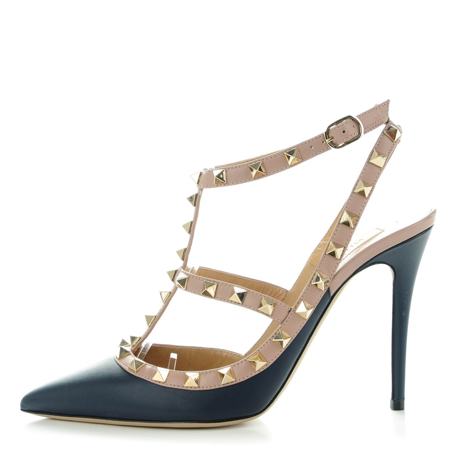 Calfskin Nappa Rockstud Ankle Strap 100mm Pumps 39 Marine Poudre
