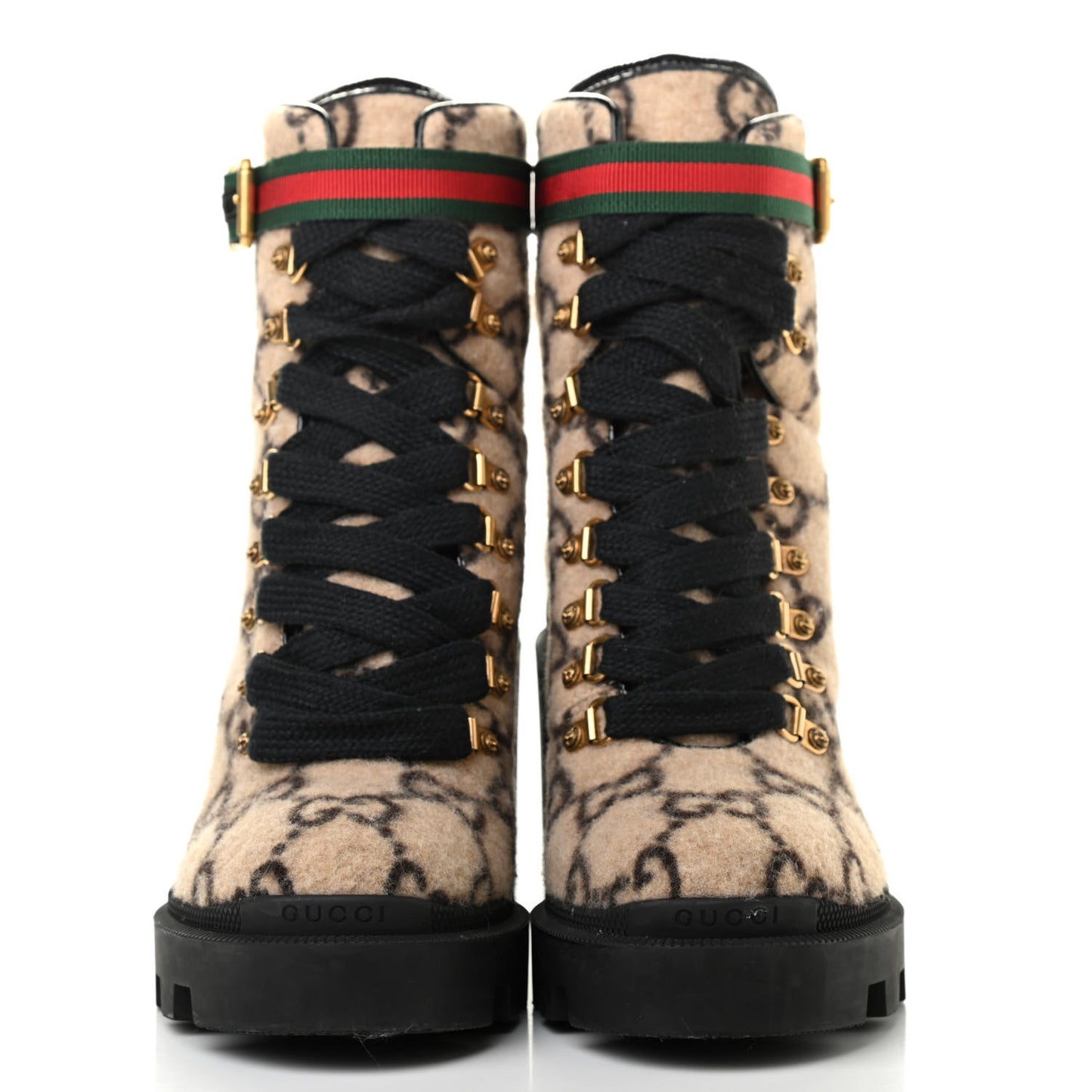 Covered Wool GG Monogram Womens Lace Up Combat Ankle Boots 38.5 Beige Ebony Black