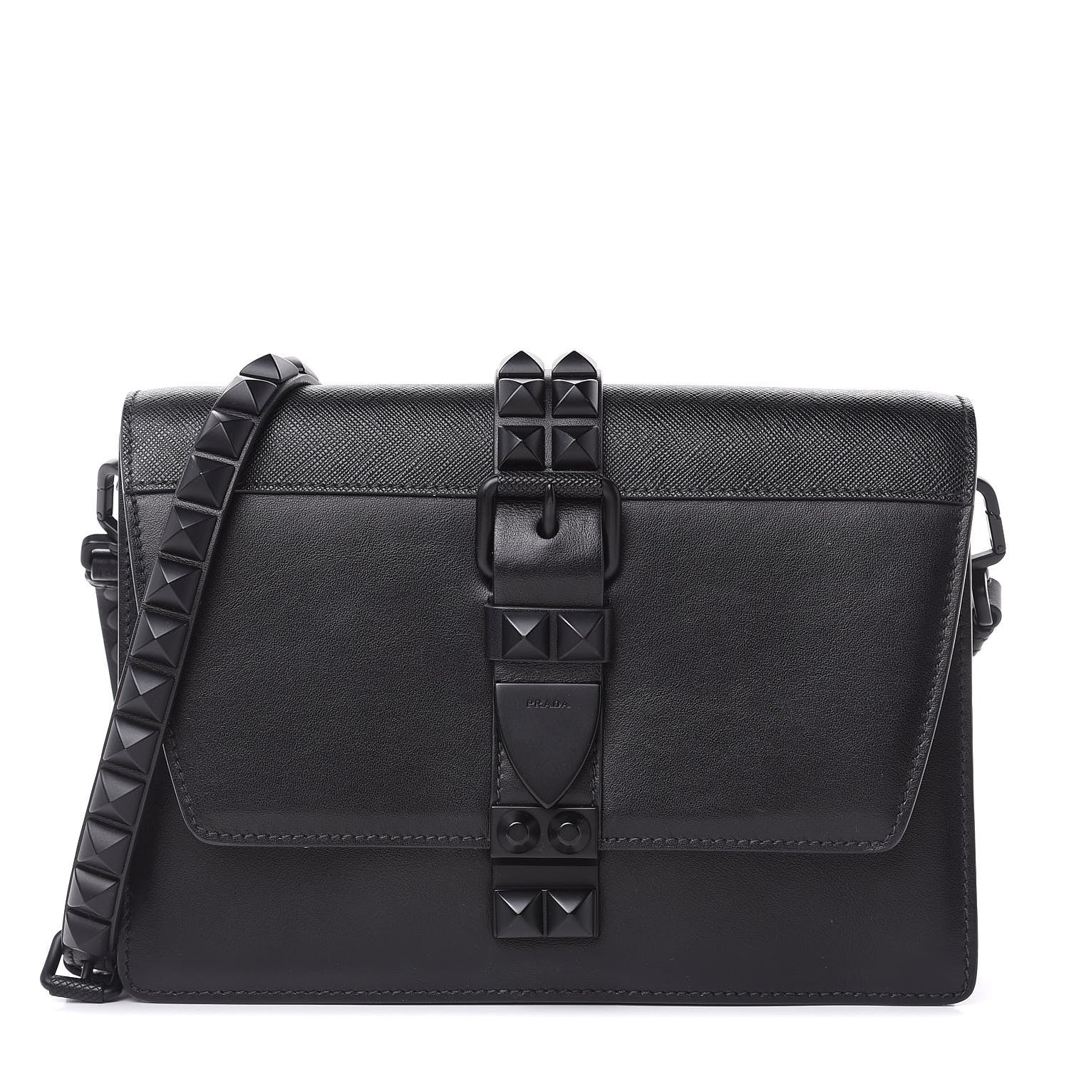 Prada Saffiano City Calfskin Monochrome Studded Large Elektra Shoulder Bag Black 1 of 10