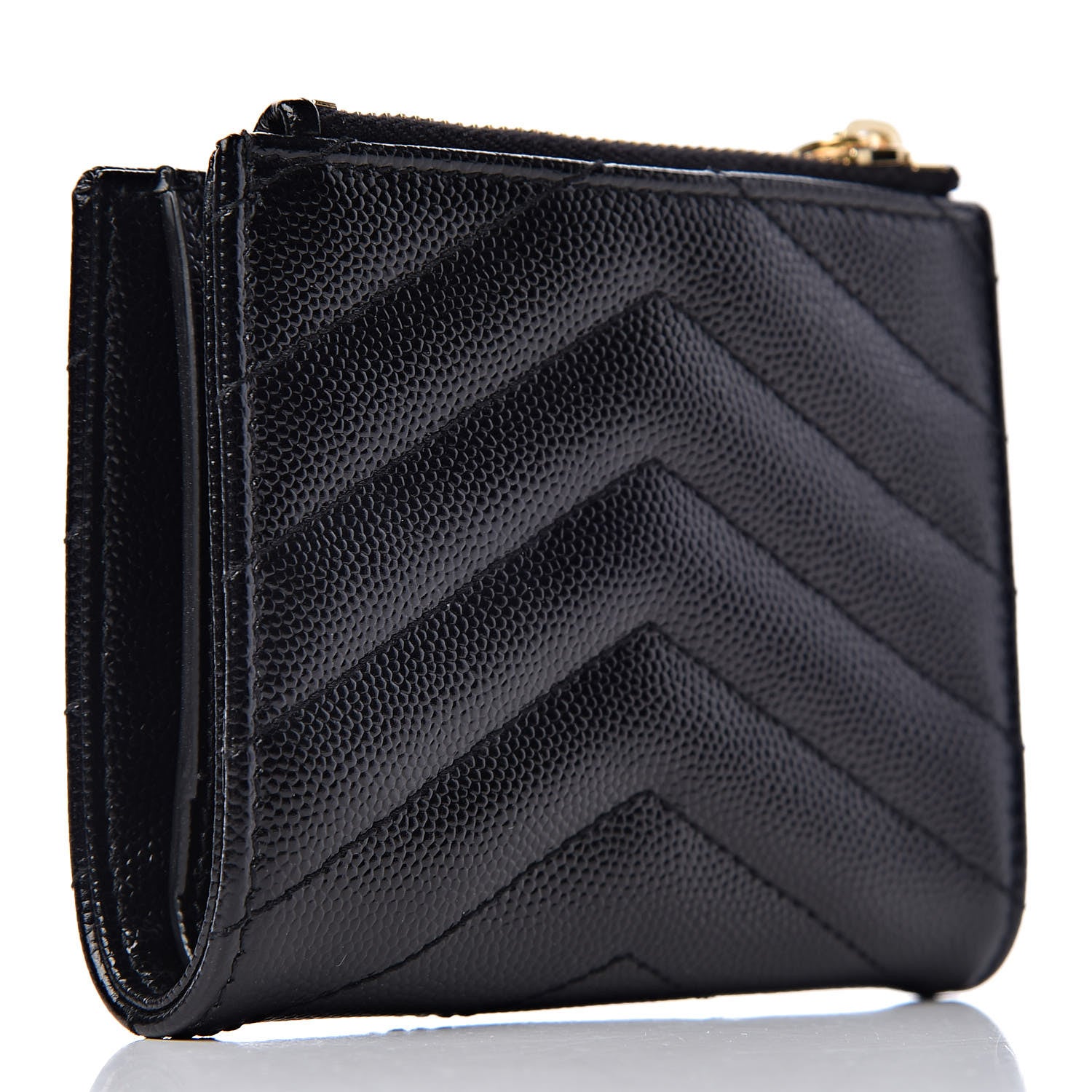 Saint Laurent Grain De Poudre Matelasse Chevron Monogram Zipped Card Case Black 3 of 8