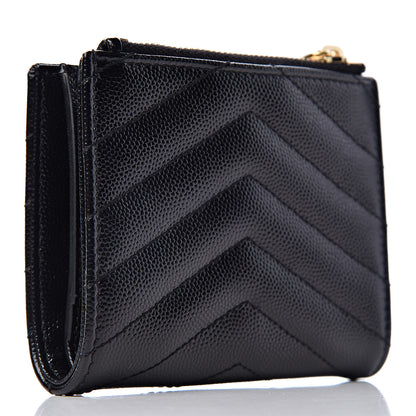 Saint Laurent Grain De Poudre Matelasse Chevron Monogram Zipped Card Case Black 3 of 8