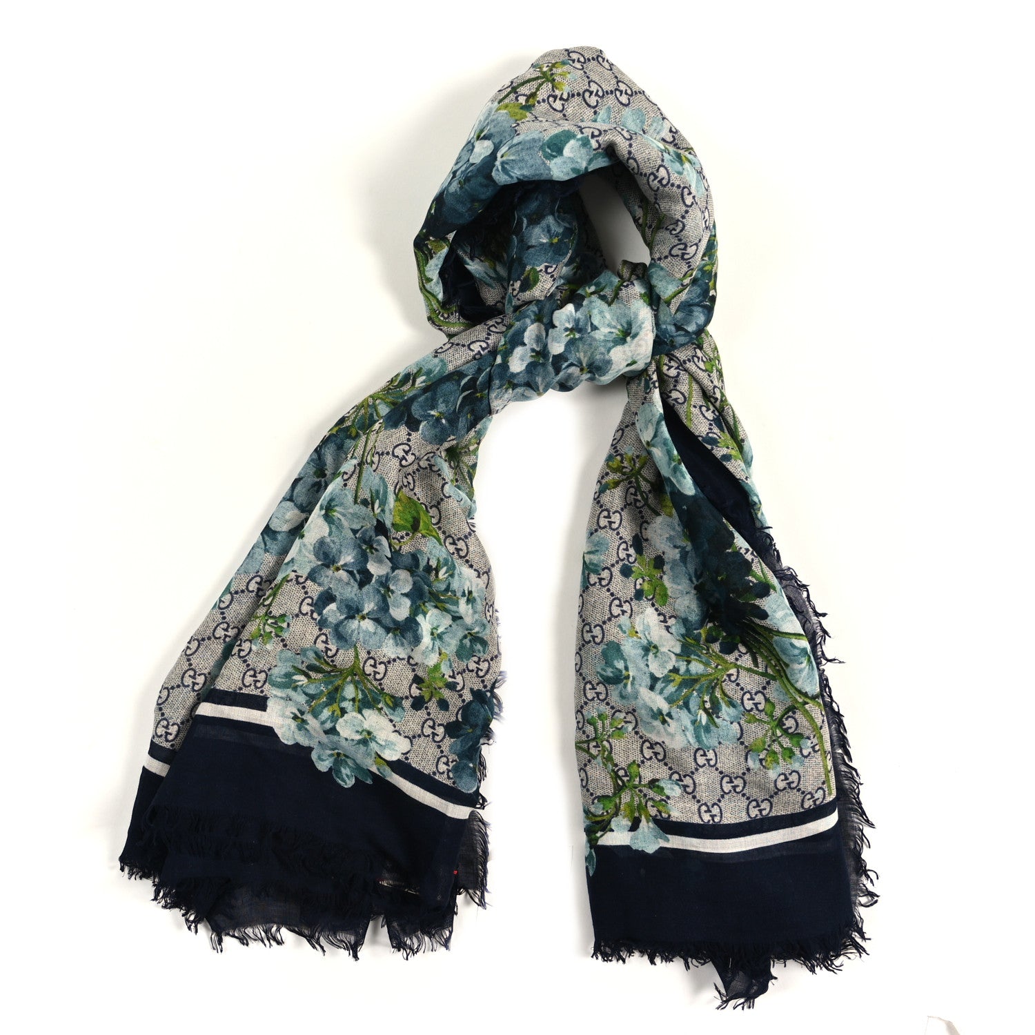 Gucci Modal Silk Monogram New Bloom GG Square Scarf Midnight Blue