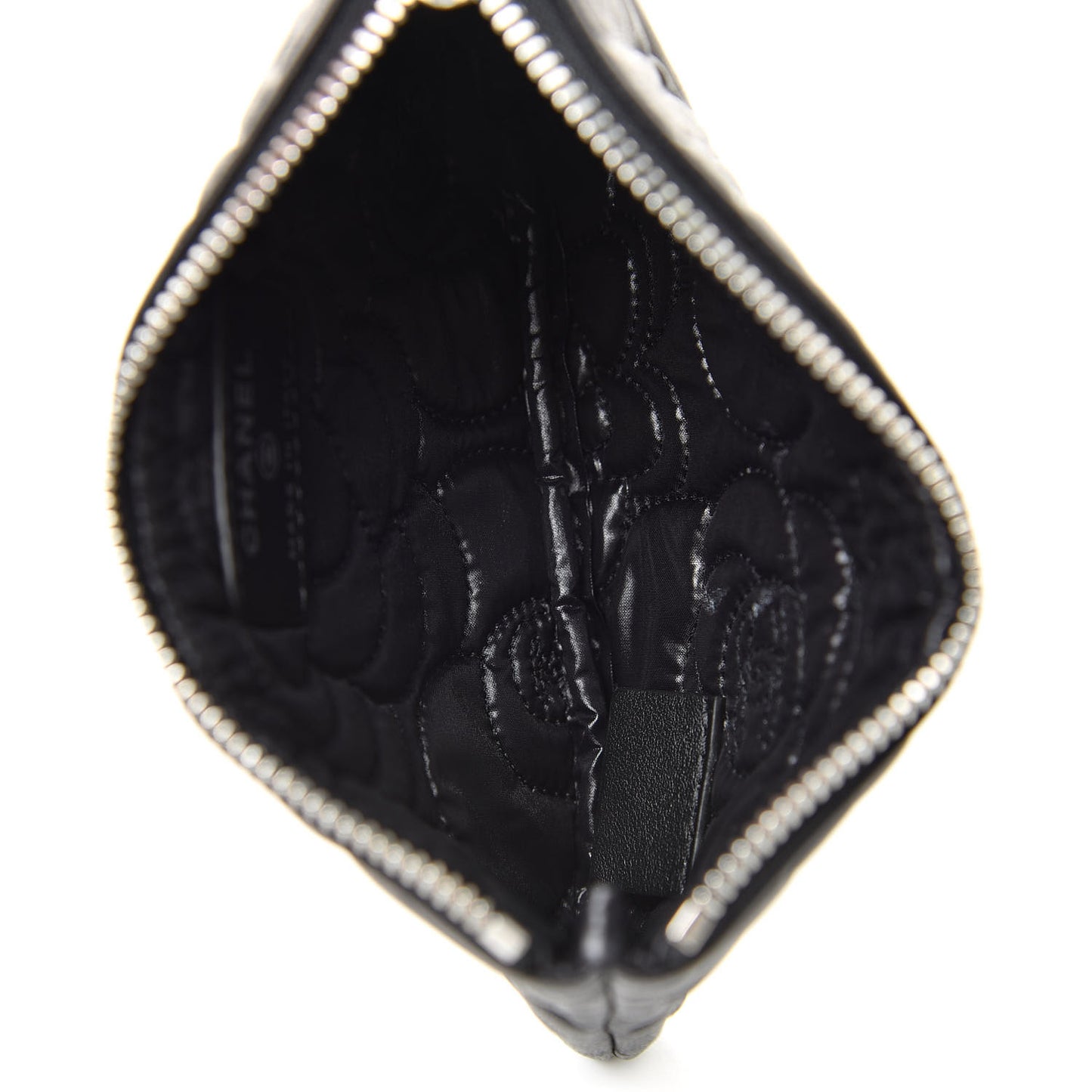 Goatskin Camellia Embossed Cosmetic Pouch Black