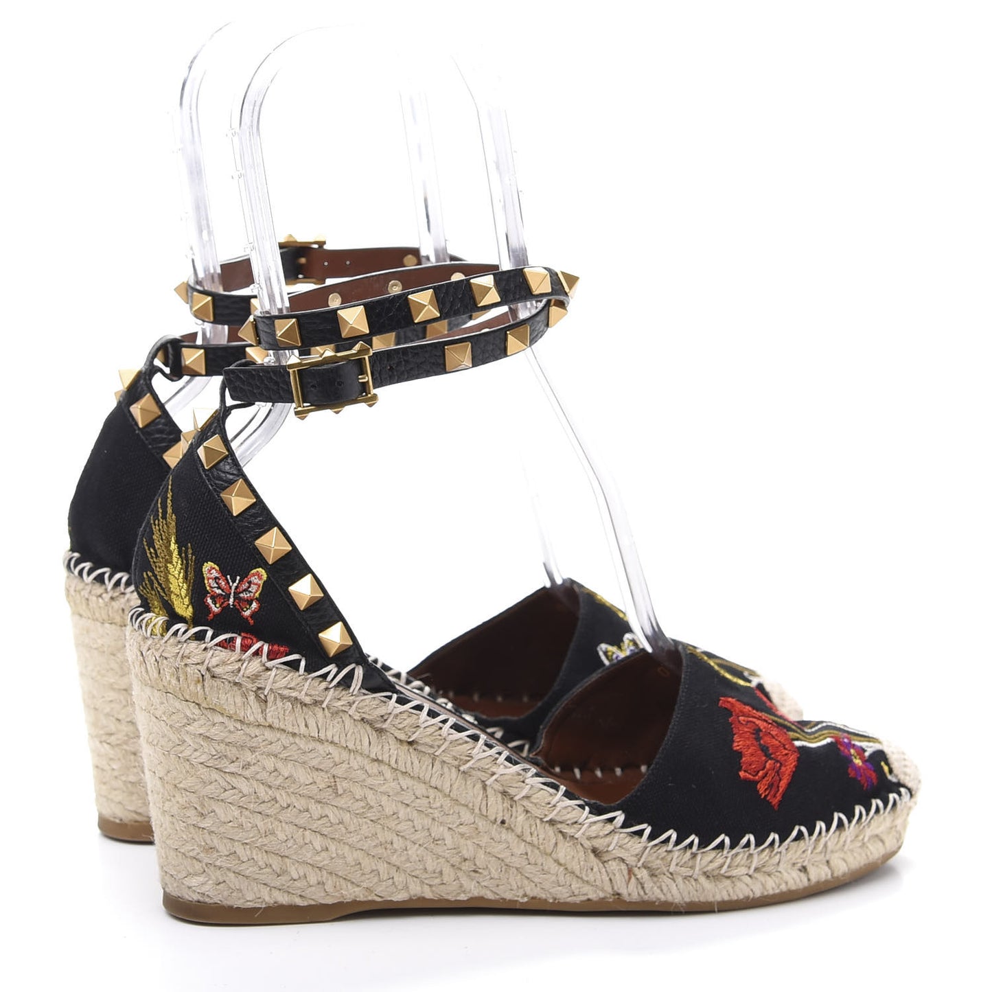 Canvas Poppy Embroidered Rockstud Ankle Wrap Espadrille 15/85mm Wedges 39 Black