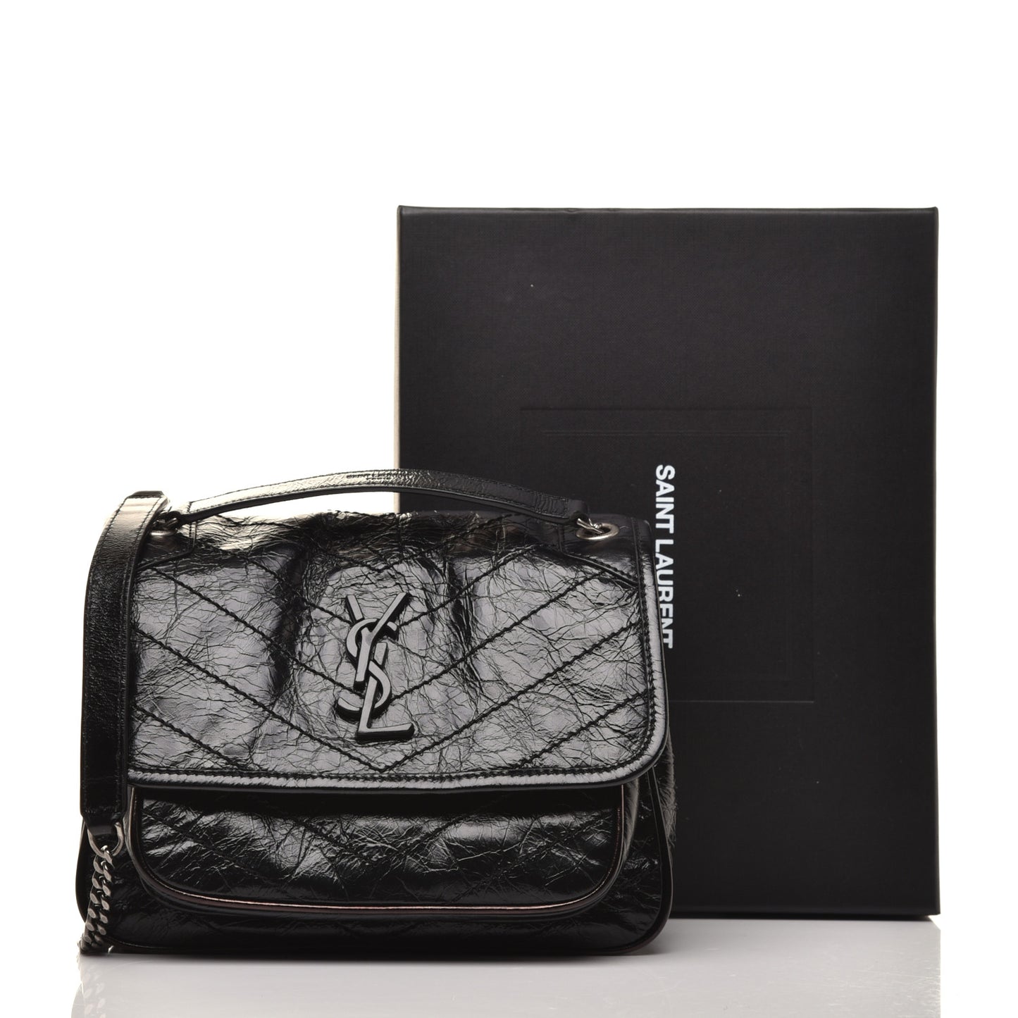 Crinkled Calfskin Matelasse Monogram Baby Niki Chain Satchel Black