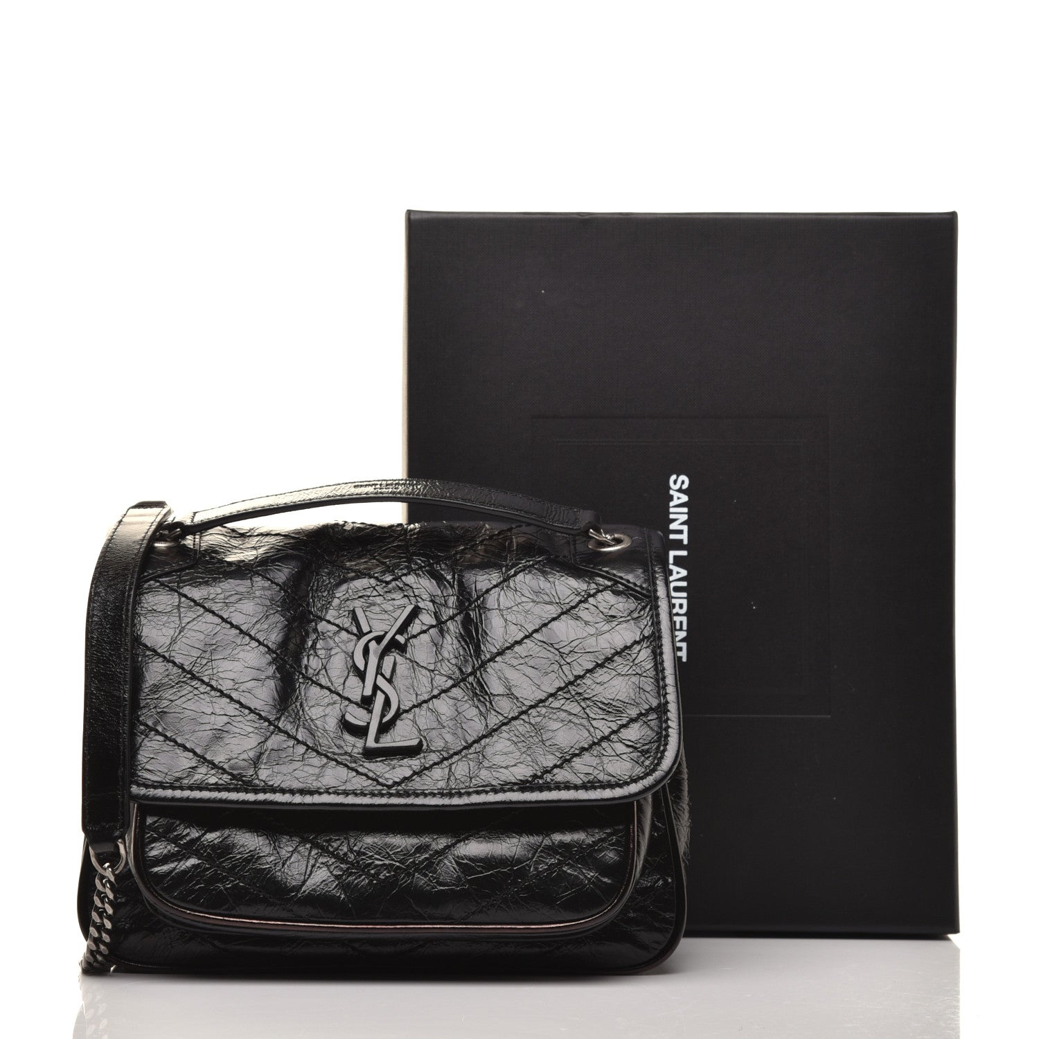 Saint Laurent Crinkled Calfskin Matelasse Monogram Baby Niki Chain Satchel Black 9 of 9