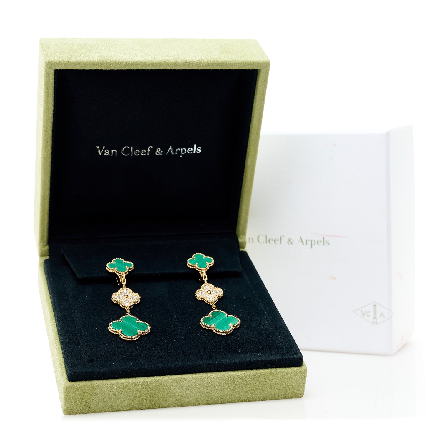 Van Cleef & Arpels 18K Yellow Gold Diamond Malachite 3 Motifs Vintage Alhambra Earrings 5 of 5