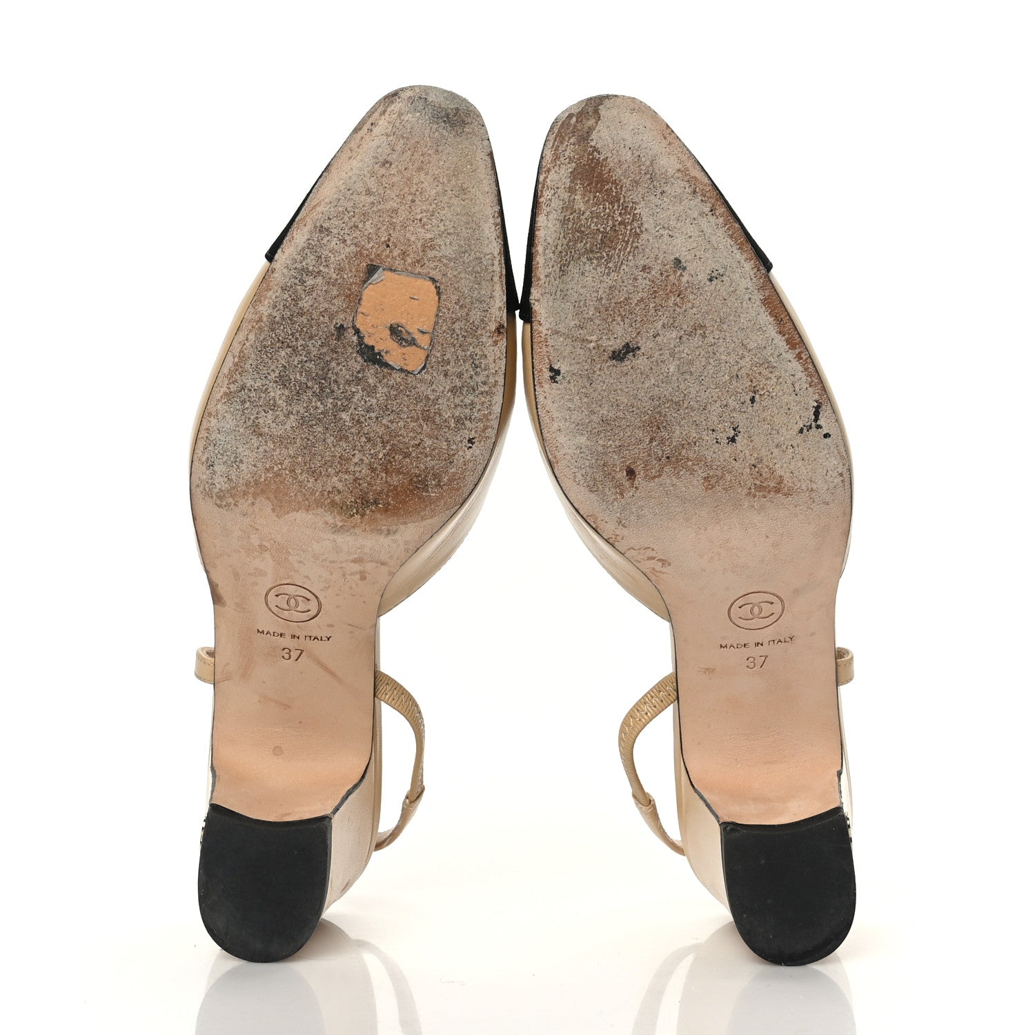 Chanel Goatskin Grosgrain Cap Toe CC Slingback Pumps 37 Beige Black 5 of 11