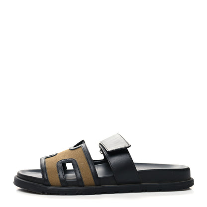 Hermes Canvas Calfskin Mens Chypre Sandals 42 Kaki Black 1 of 9