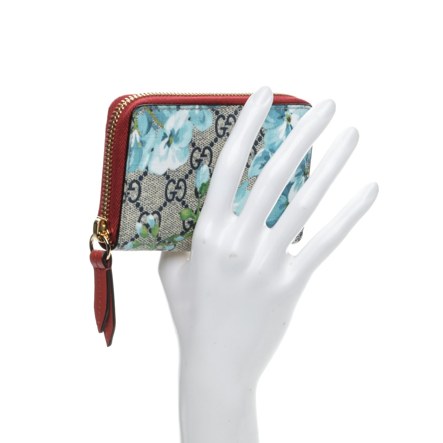 GG Supreme Monogram Blooms Zip Around Card Case Wallet Beige Blue Navy Hibiscus Red