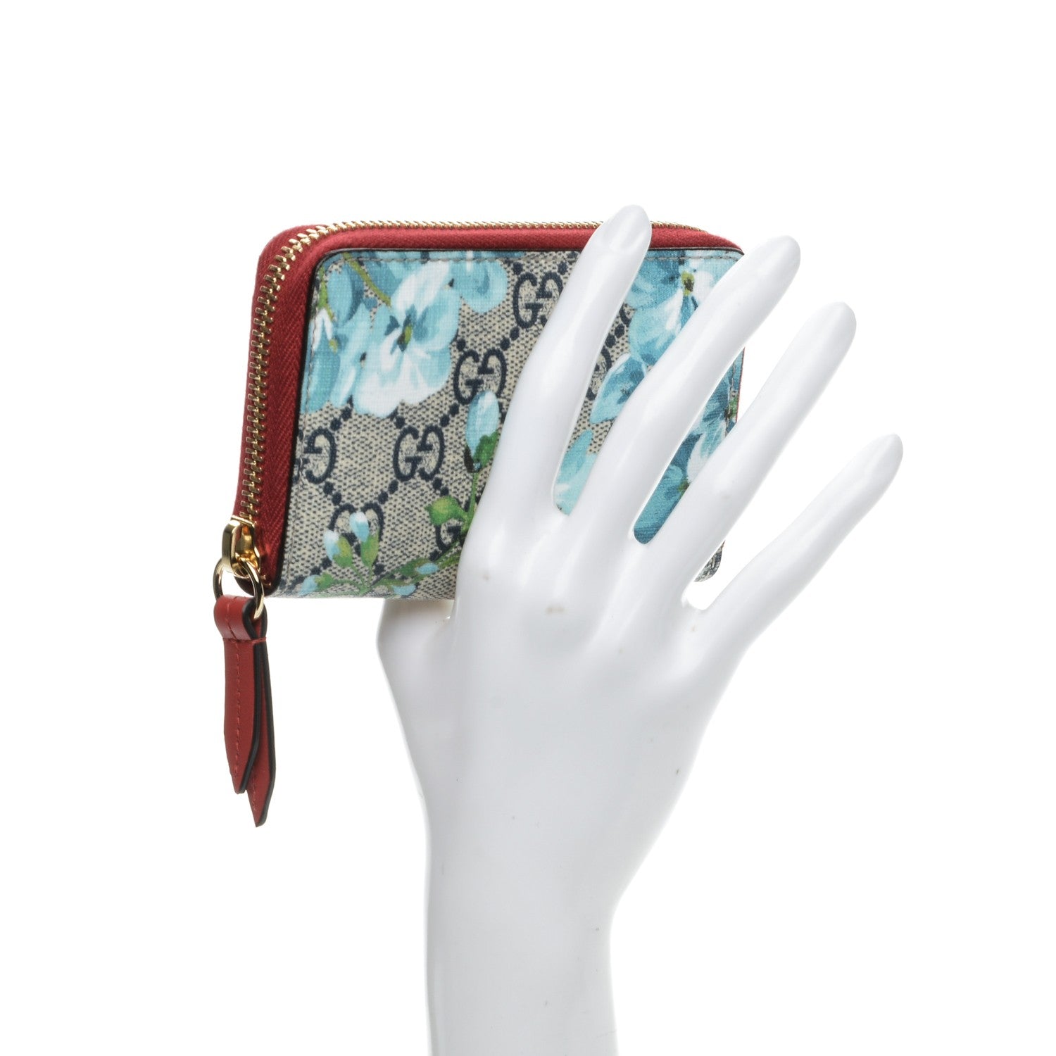 Gucci GG Supreme Monogram Blooms Zip Around Card Case Wallet Beige Blue Navy Hibiscus Red 2 of 6