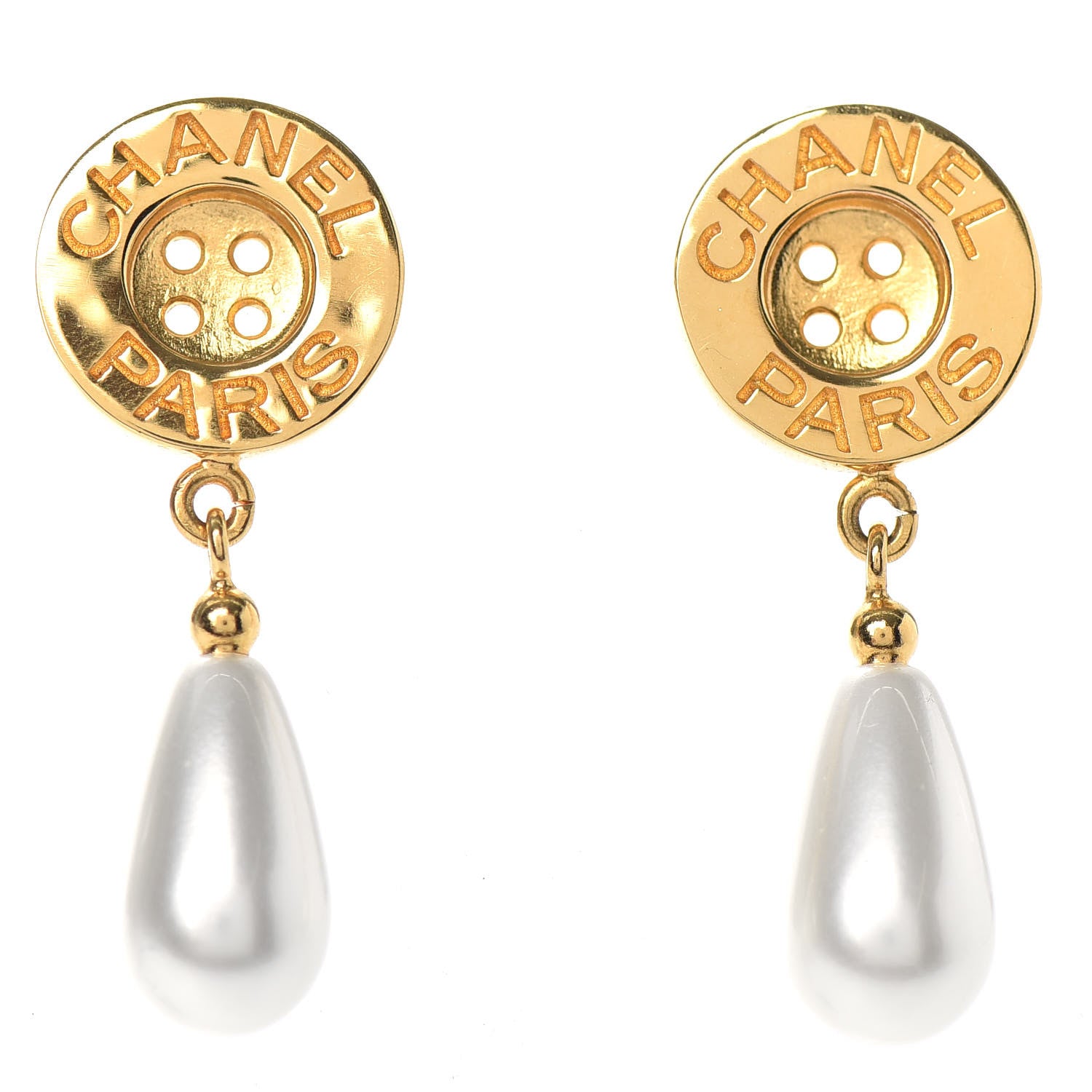 Chanel Metal Pearl Paris Button Drop Earrings Gold 1 of 4