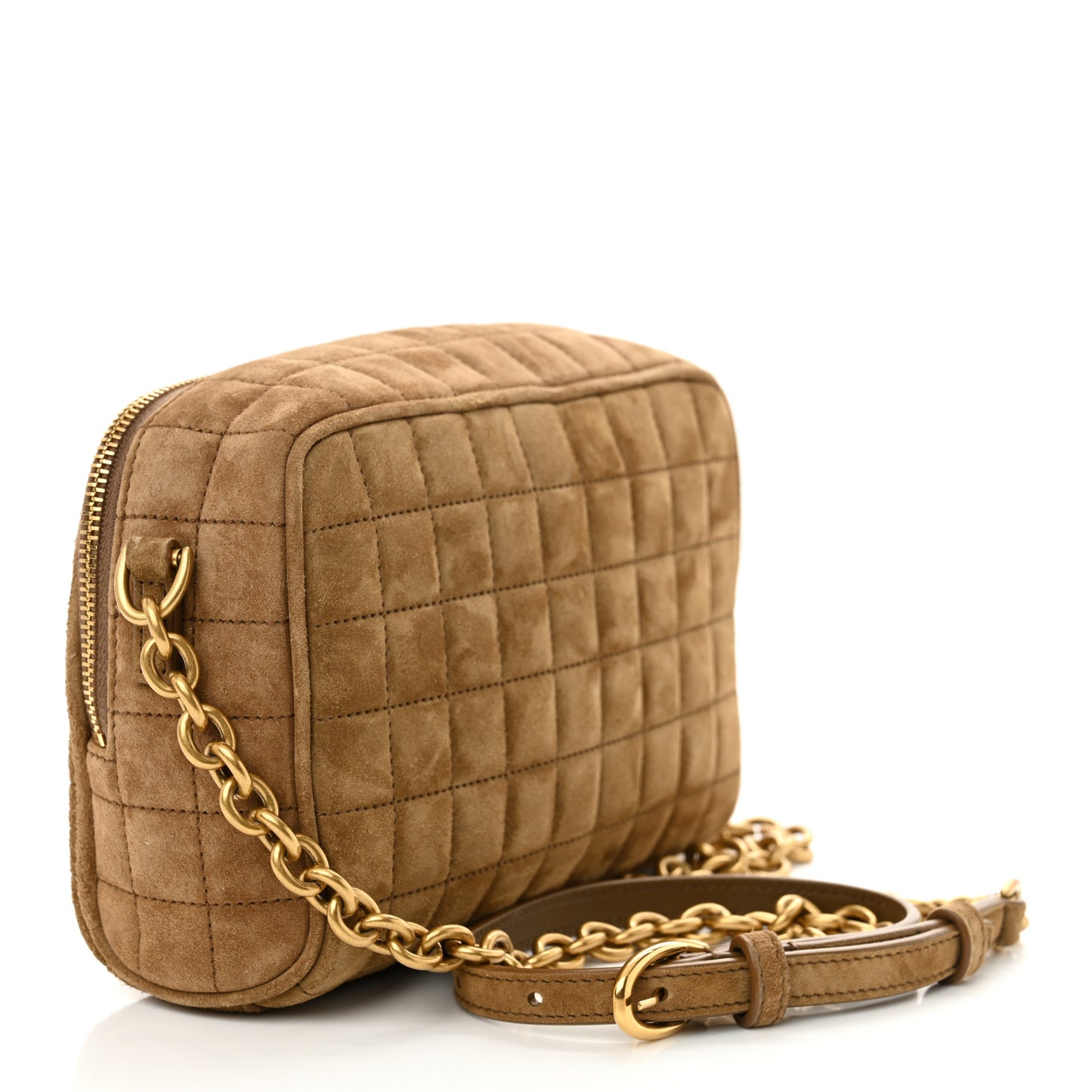 Suede Calfskin Mini Quilted Monogram Camera Bag Golden Leaf