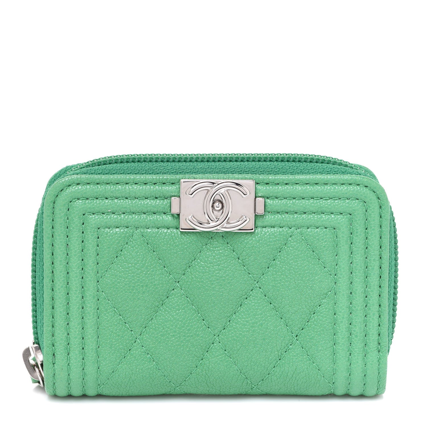 Chanel Caviar Quilted Boy Zip Around Coin Purse Wallet Green 1 of 8