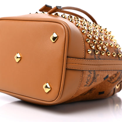 MCM Visetos Swarovski Crystal Studded Mini Drawstring Bucket Bag Cognac 9 of 11