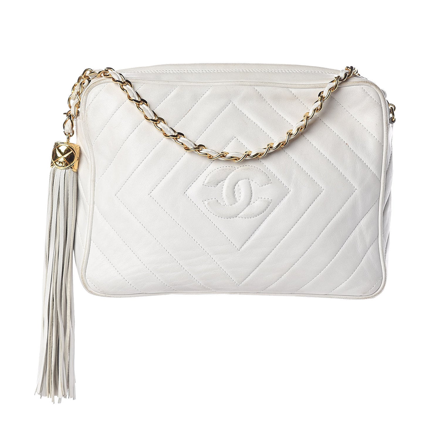 Lambskin Chevron Tassel Camera Case White
