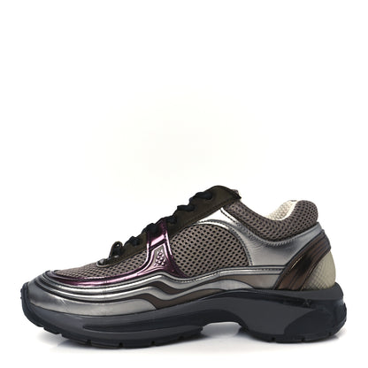 Chanel Fabric Laminated Calfskin Stretch CC Womens Sneakers 37 Khaki Silver Dark Purple 1 of 10