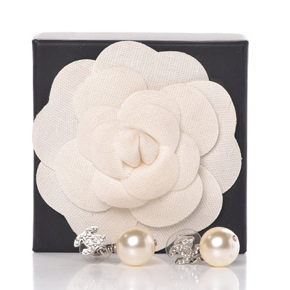 Chanel Crystal Pearl CC Drop Earrings Silver 5 of 5