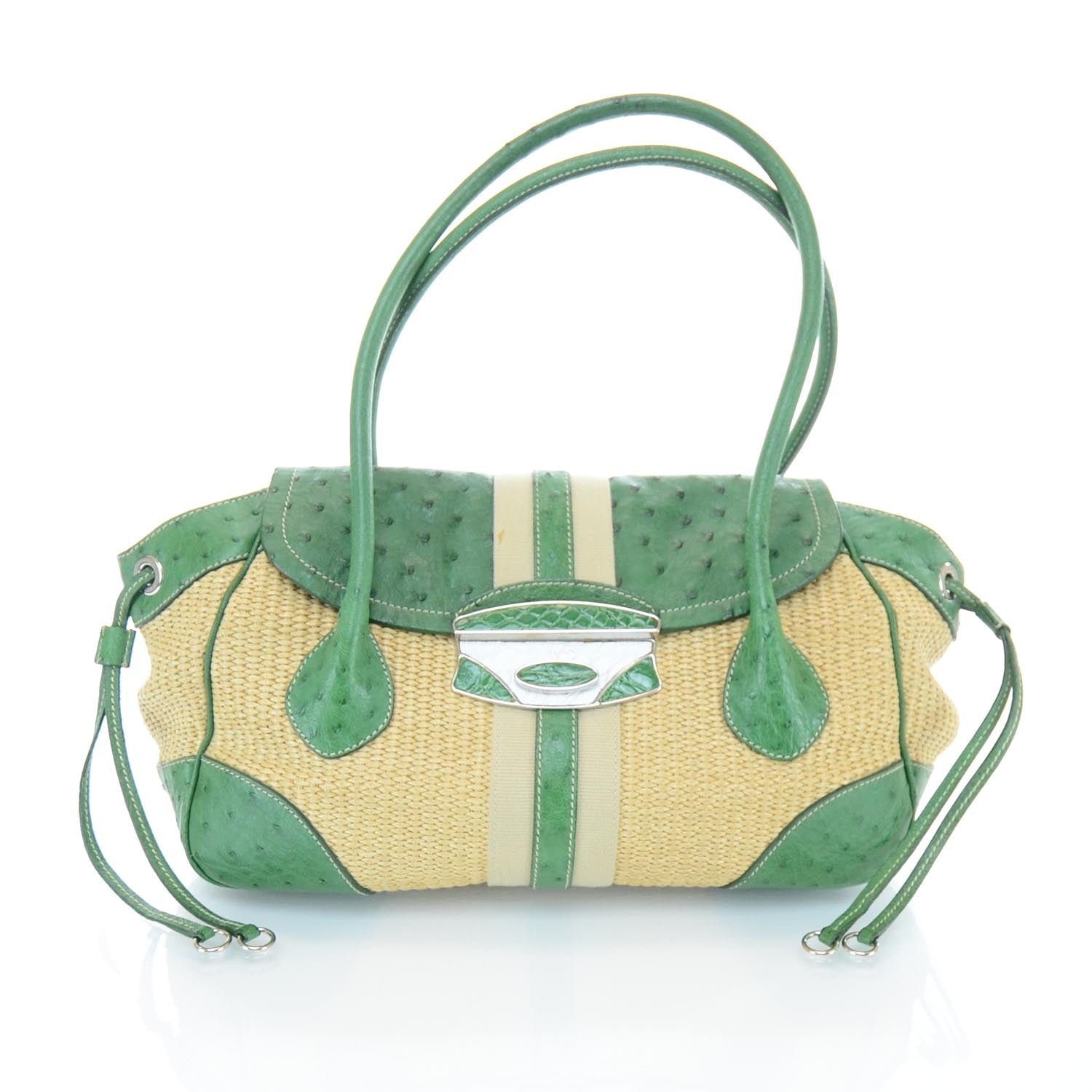 Prada Straw Ostrich Antic Easy Foldover Pushlock Satchel Green 1 of 9