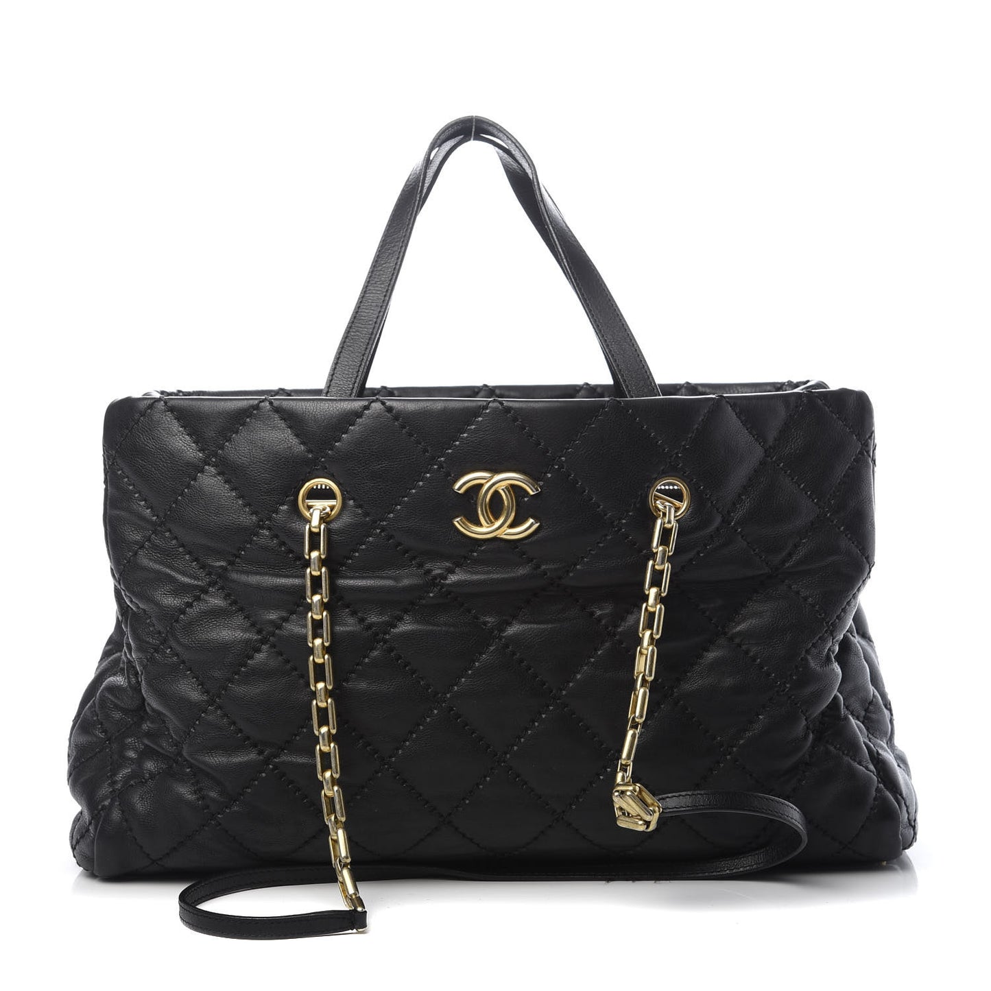 Calfskin Quilted Retro Chain Tote Black