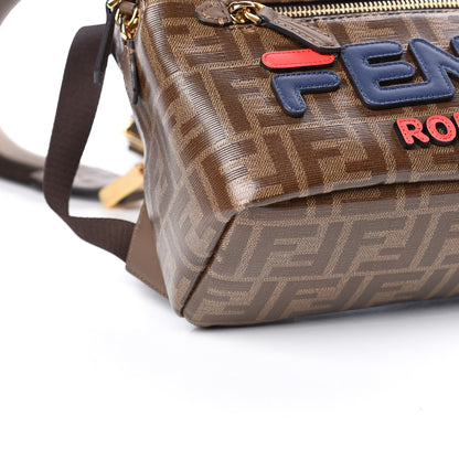Fendi X FILA Glazed Fabric Vitello Century FF 1974 Mania Mini Backpack Mogano Panna Blueberry 9 of 11