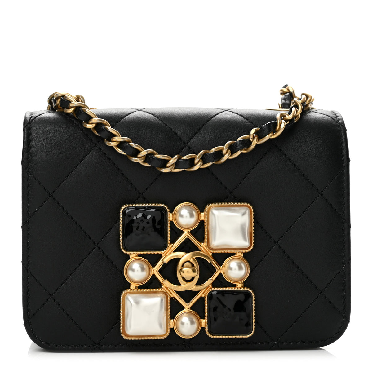 Calfskin Quilted Crystal Pearl Mini Flap Bag Black