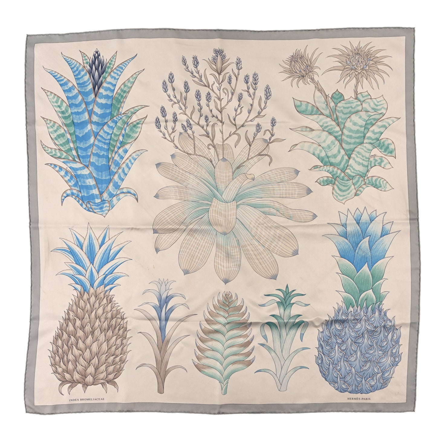Silk Index Bromeliaceae Scarf 90  Gris Argent Bleu Vert Amande