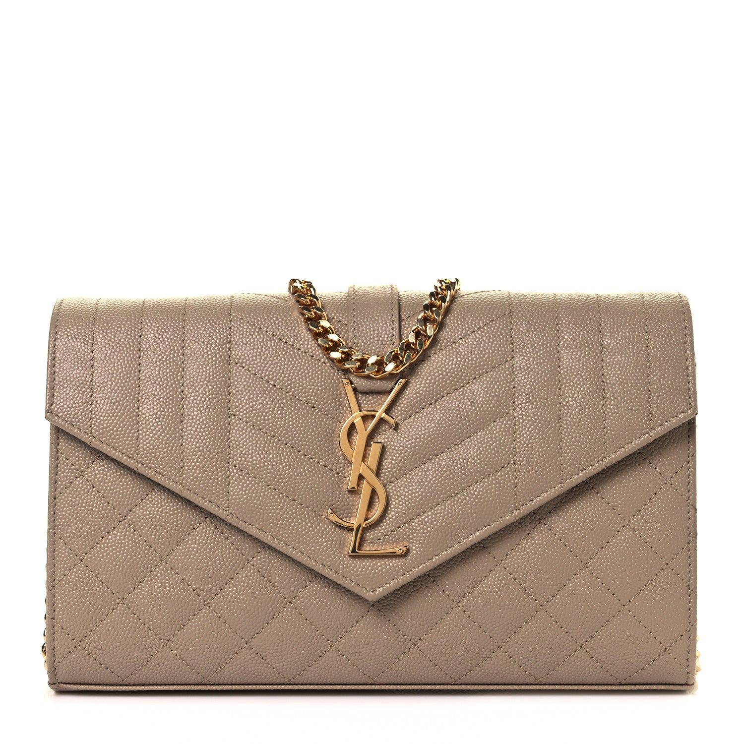 Saint Laurent Grain De Poudre Mixed Matelasse Triquilt Monogram Chain Wallet Dark Beige 1 of 22