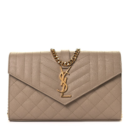Saint Laurent Grain De Poudre Mixed Matelasse Triquilt Monogram Chain Wallet Dark Beige 1 of 22